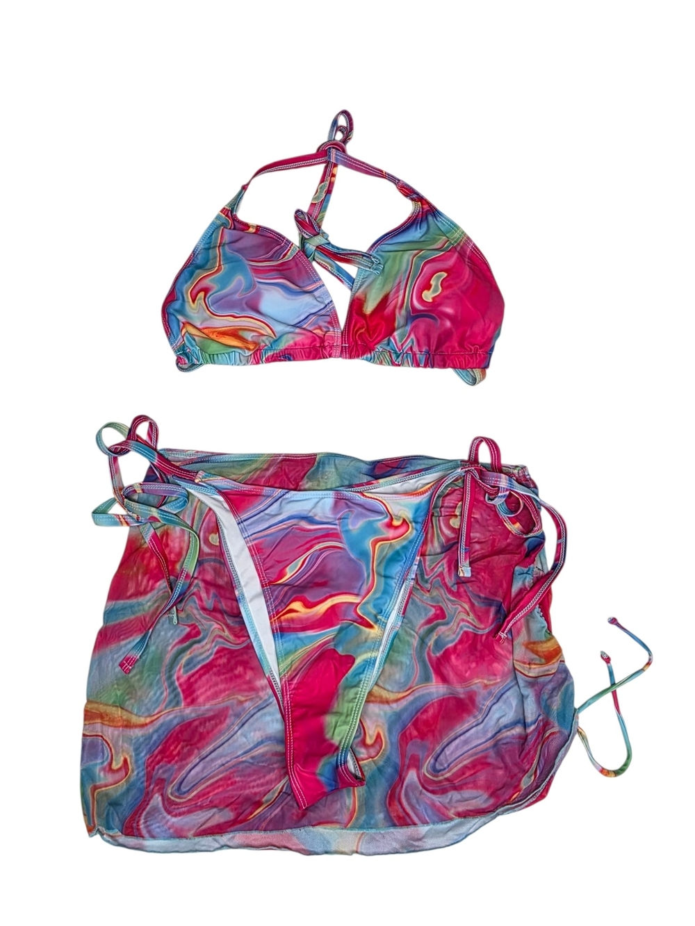 Shein Vibrant Marble Print Bikini Set with Sheer Skirt - Pink, Blue, Green